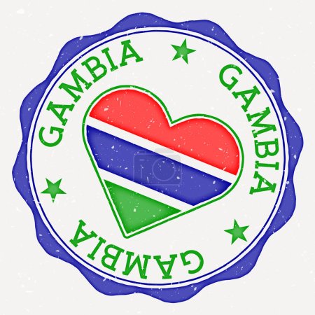 Illustration for Gambia heart flag logo. Country name text around Gambia flag in a shape of heart. Charming vector illustration. - Royalty Free Image