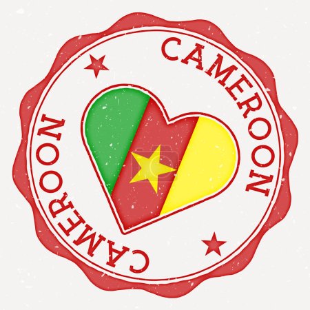 Illustration for Cameroon heart flag logo. Country name text around Cameroon flag in a shape of heart. Authentic vector illustration. - Royalty Free Image