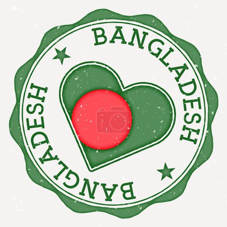 Ilustración de Bangladesh heart flag logo. Country name text around Bangladesh flag in a shape of heart. Creative vector illustration. - Imagen libre de derechos