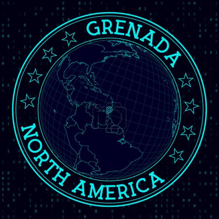 Illustration for GRENADA round sign. Futuristic satelite view of the world centered to GRENADA. Geographical badge with map, round text and binary background. Trendy vector illustration. - Royalty Free Image