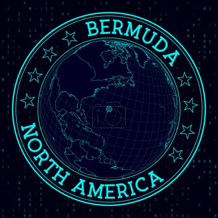 Illustration for BERMUDA round sign. Futuristic satelite view of the world centered to BERMUDA. Geographical badge with map, round text and binary background. Charming vector illustration. - Royalty Free Image