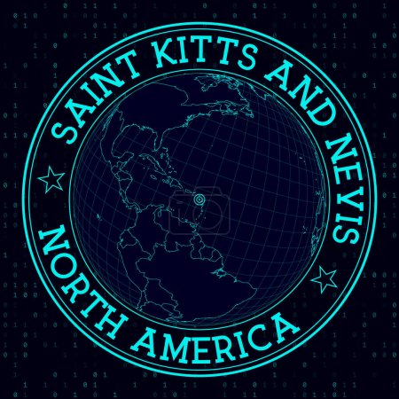 SAINT KITTS AND NEVIS round sign. Futuristic satelite view of the world centered to SAINT KITTS AND NEVIS. Geographical badge with map, round text and binary background. Superb vector illustration.