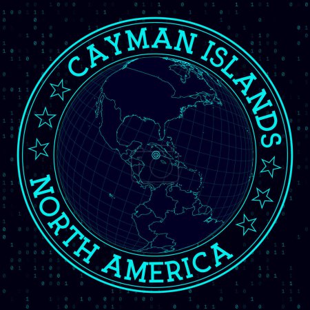 CAYMAN ISLANDS rundes Schild. Futuristische satelitische Weltsicht, die auf CAYMAN ISLANDS zentriert ist. Geographisches Abzeichen mit Karte, rundem Text und binärem Hintergrund. Attraktive Vektorillustration.