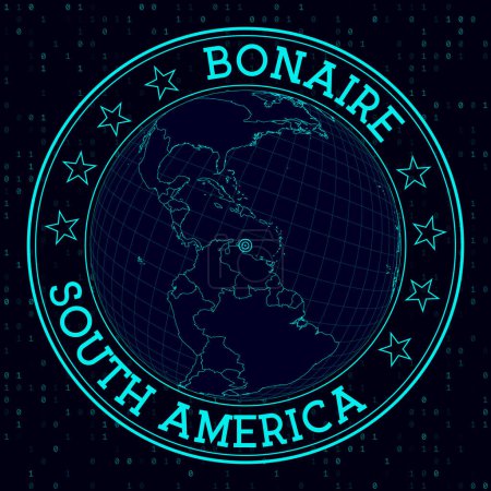 Signo redondo de BONAIRE. Vista satelite futurista del mundo centrada en BONAIRE. Insignia geográfica con mapa, texto redondo y fondo binario. Ilustración cautivadora del vector.