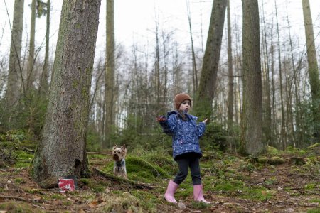 Kleines Mädchen mit einem Yorkshire Terrier im Wald bei einem Spaziergang