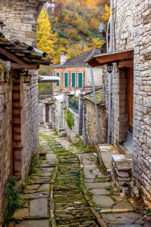 Photo for The picturesque village of Dilofo during fall season with its architectural traditional old stone  buildings located on Tymfi mount, Zagori, Epirus, Greece, Europe - Royalty Free Image