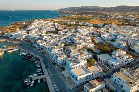 Aerial panorama view   of antiparos with the traditional white houses in cyclades , Greece.