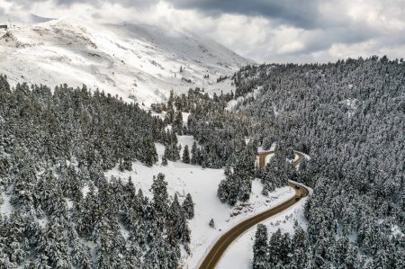 Téléchargez les photos : Vue aérienne de haut en bas d'une route courbe traversant les pentes du mont Parnassos avec de la neige recouvrant les sapins et des voitures traversant la route libre de neige - en image libre de droit