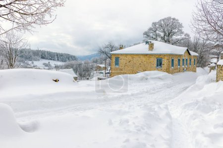 Foto de Vista de las nevadas Nymfaio florinas el pintoresco pueblo tradicional del norte de Grecia también conocido por la organización Arcturos que protege a los osos pardos. - Imagen libre de derechos