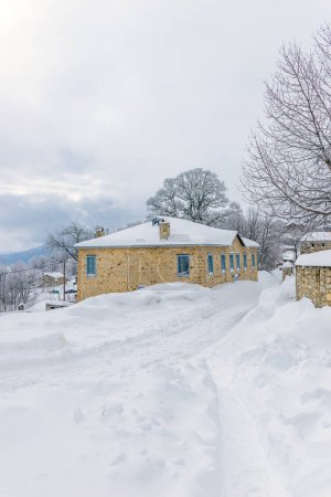 Foto de Vista de las nevadas Nymfaio florinas el pintoresco pueblo tradicional del norte de Grecia también conocido por la organización Arcturos que protege a los osos pardos. - Imagen libre de derechos