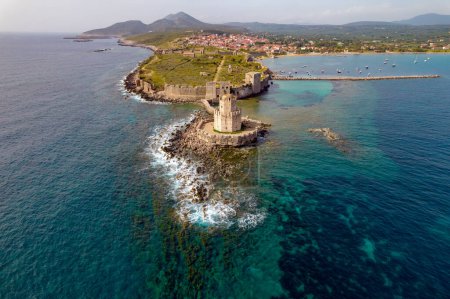 Photo for Aerial drone view of Methoni Castle with methoni village as a background   in Messinia, Greece - Royalty Free Image