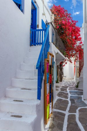 Foto de Callejón tradicional cicladitico con una calle estrecha con una buganvilla en plena floración en la isla de Mykonos, cicladas, Grecia - Imagen libre de derechos