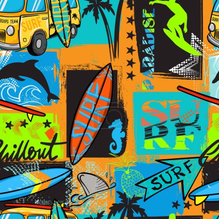 Illustration for Seamless abstract summer pattern with surfer, shark, dolphin, bright colors, for textiles, prints, for boy and girl - Royalty Free Image