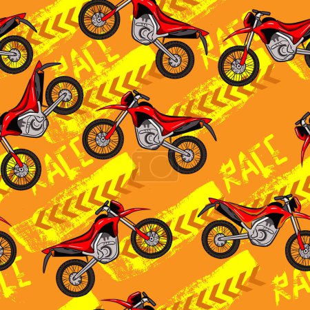 Illustration for Bright pattern with motorcycles. seamless grunge background for guys. Modern background in urban style. For textiles, bedding, fashion and sportswear. - Royalty Free Image