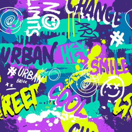 Illustration for Abstract bright graffiti pattern. With bricks, paint drips, words in graffiti style. Graphic urban design for textiles, sportswear, prints. - Royalty Free Image