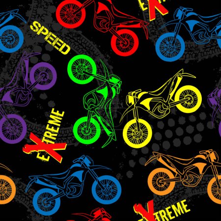 Bright pattern with motorcycles. seamless grunge background for guys. Modern background in urban style. For textiles, bedding, fashion and sportswear. 