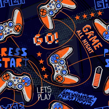Illustration for Seamless bright pattern with joysticks. gaming cool print for boys and girls. Suitable for textiles, sportswear, web - Royalty Free Image