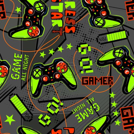 Illustration for Seamless bright pattern with joysticks. gaming cool print for boys and girls. Suitable for textiles, sportswear, web - Royalty Free Image