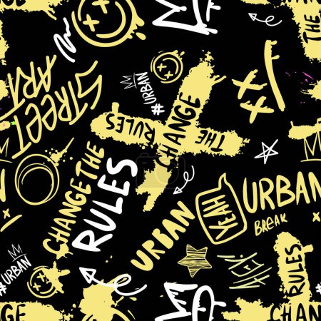 Illustration for Abstract graffiti pattern. With bricks, paint drips, words in graffiti style. Graphic urban design for textiles, sportswear, prints. - Royalty Free Image