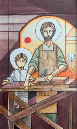 Hand drawn vector illustration or drawing of Joseph and Jesus-stock-photo