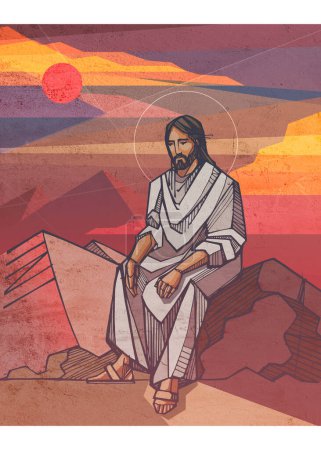 Handgezeichnete Vektorillustration oder Zeichnung von Jesus in der Wüste