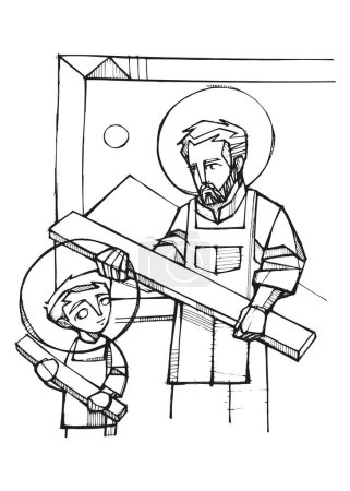Illustration for Hand drawn vector illustration or drawing of  Saint Joseph and Jesus workin - Royalty Free Image