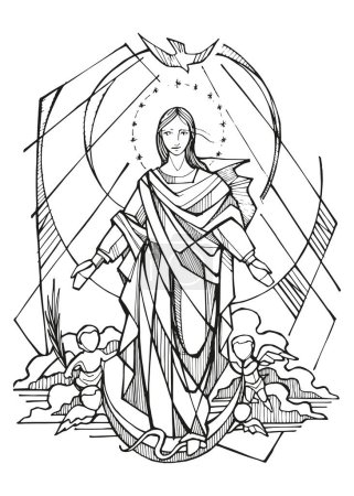 Ilustración de Ilustración vectorial dibujada a mano o dibujo de la Inmaculada Concepción de María. - Imagen libre de derechos