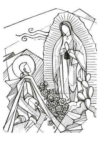 Téléchargez les photos : Illustration vectorielle dessinée à la main ou dessin de Vierge de Guadalupe et Juan Dieg - en image libre de droit