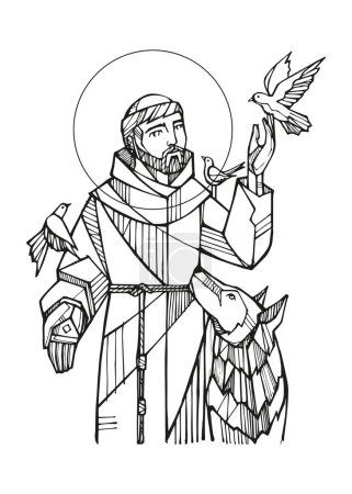 Téléchargez les photos : Illustration vectorielle dessinée à la main ou dessin de saint François d'Assise. - en image libre de droit