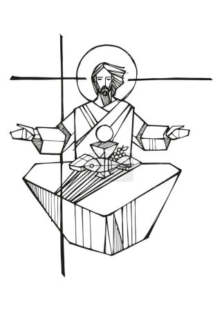 Téléchargez les photos : Illustration vectorielle dessinée à la main ou dessin de Jésus Eucharistie - en image libre de droit