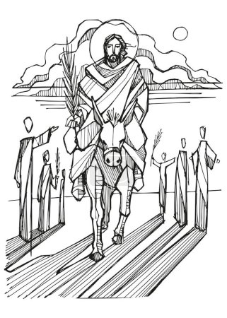 Téléchargez les photos : Illustration vectorielle dessinée à la main ou dessin de Jésus entrant à Jérusalem sur un âne - en image libre de droit