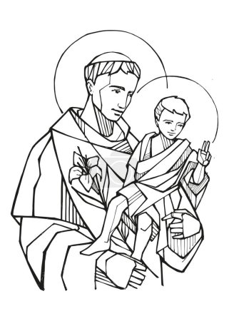 Téléchargez les photos : Illustration vectorielle dessinée à la main ou dessin de saint Antoine de padoue - en image libre de droit