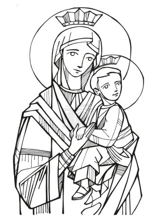 Téléchargez les photos : Illustration vectorielle dessinée à la main ou dessin de Notre-Dame de Perpetual Hel - en image libre de droit