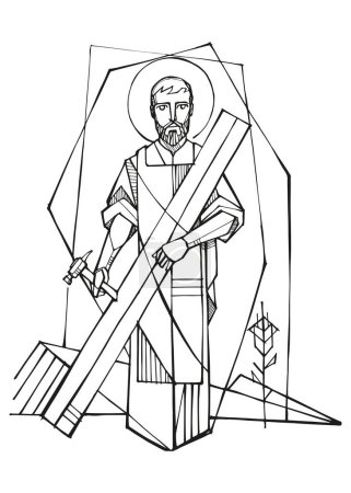 Téléchargez les photos : Illustration vectorielle dessinée à la main ou dessin de saint Joseph l'ouvrier - en image libre de droit