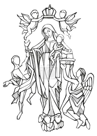 Téléchargez les photos : Illustration vectorielle dessinée à la main ou dessin de la sainte mère de lumière - en image libre de droit