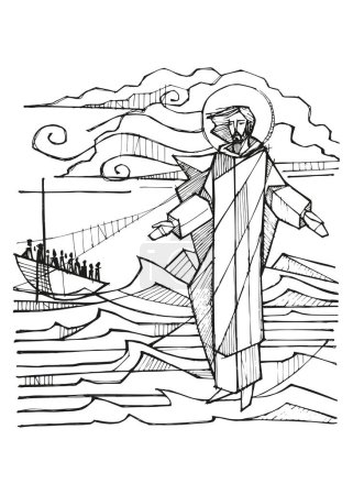 Téléchargez les photos : Illustration vectorielle dessinée à la main ou dessin de Jésus marchant sur l'eau - en image libre de droit