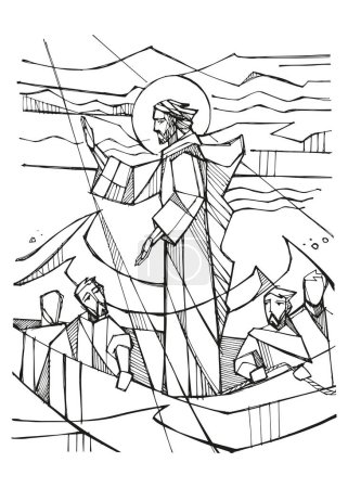 Téléchargez les photos : Illustration vectorielle dessinée à la main ou dessin de Jésus calme la tempête - en image libre de droit