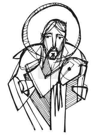 Téléchargez les photos : Illustration vectorielle dessinée à la main ou dessin du Christ Bon Pasteur - en image libre de droit