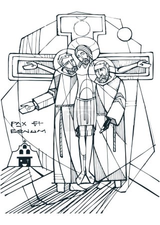 Téléchargez les photos : Illustration vectorielle dessinée à la main ou dessin de Jésus, saint francis et saint pio - en image libre de droit