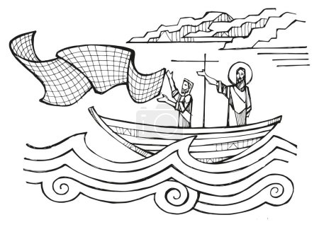 Téléchargez les photos : Illustration vectorielle dessinée à la main ou dessin de Jésus jetant le filet - en image libre de droit