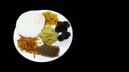 Photo for Indian Fasting Gujarati Upwas Fast diet items offered in Thali complete meal. Mahashivratri Shivratri Navratri Ram Navami festival fasting food - Royalty Free Image