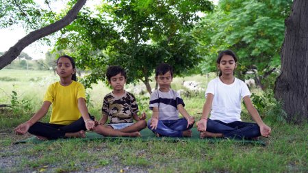 Photo for Happy small children sitting in lotus position on comfortable mat with joyful and smiling face, practicing together yoga breathing exercise, doing asanas, enjoying domestic healthcare activity. - Royalty Free Image