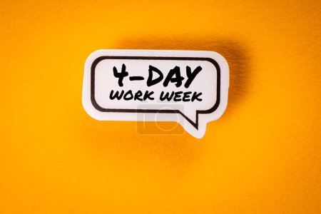 Photo for 4-day work week. Text and speech bubble on yellow background. - Royalty Free Image