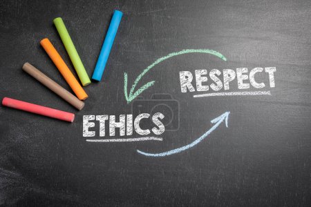 Photo for ETHICS and RESPECT Concept. Text and colored pieces of chalk on a dark chalkboard background. - Royalty Free Image