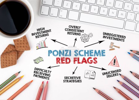 Photo for Ponzi Scheme Red Flags Concept. Chart with keywords and icons. White office desk. - Royalty Free Image