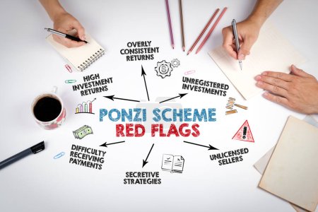 Téléchargez les photos : Ponzi Scheme Red Flags Concept. La réunion à la table du bureau blanc. - en image libre de droit
