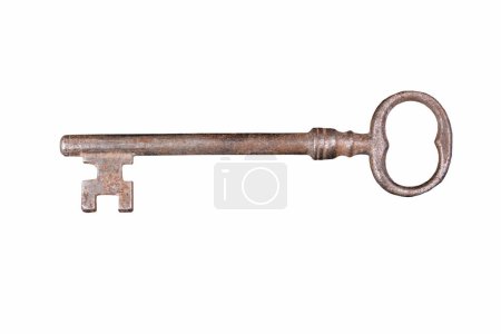 Old metal key isolated on white background.