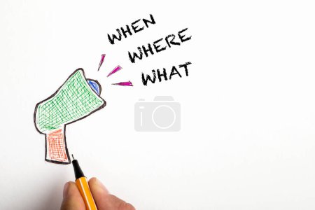Photo for Where When What questions concept. Drawn megaphone on a white background. - Royalty Free Image