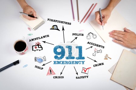 911 Emergency Concept. The meeting at the white office table.