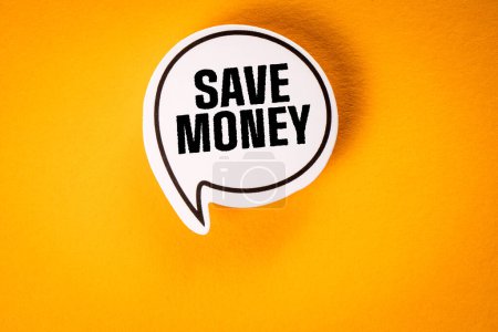 Save Money. Speech bubble with text, yellow background.